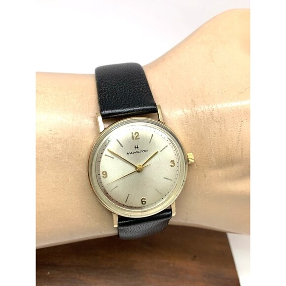 Hamilton Men's Watch Vintage Swiss Hand Wind 10k R.G.P Case Black Leather 32mm - Picture 10 of 13